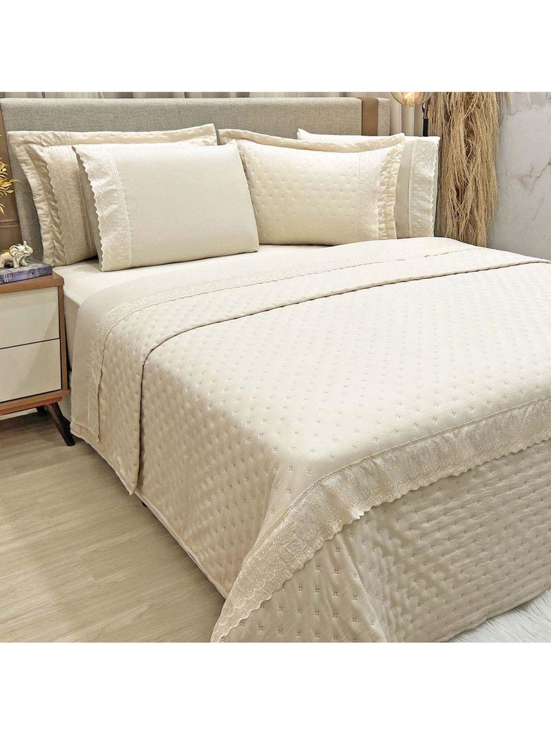 Kit Coordenado Grécia Cobre Leito + Jogo De Cama King Bordado Inglês 300 Fios - 7 Peças - Bege