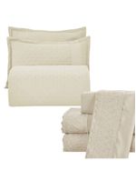 Kit Coordenado Grécia Cobre Leito + Jogo De Cama King Bordado Inglês 300 Fios - 7 Peças - Bege