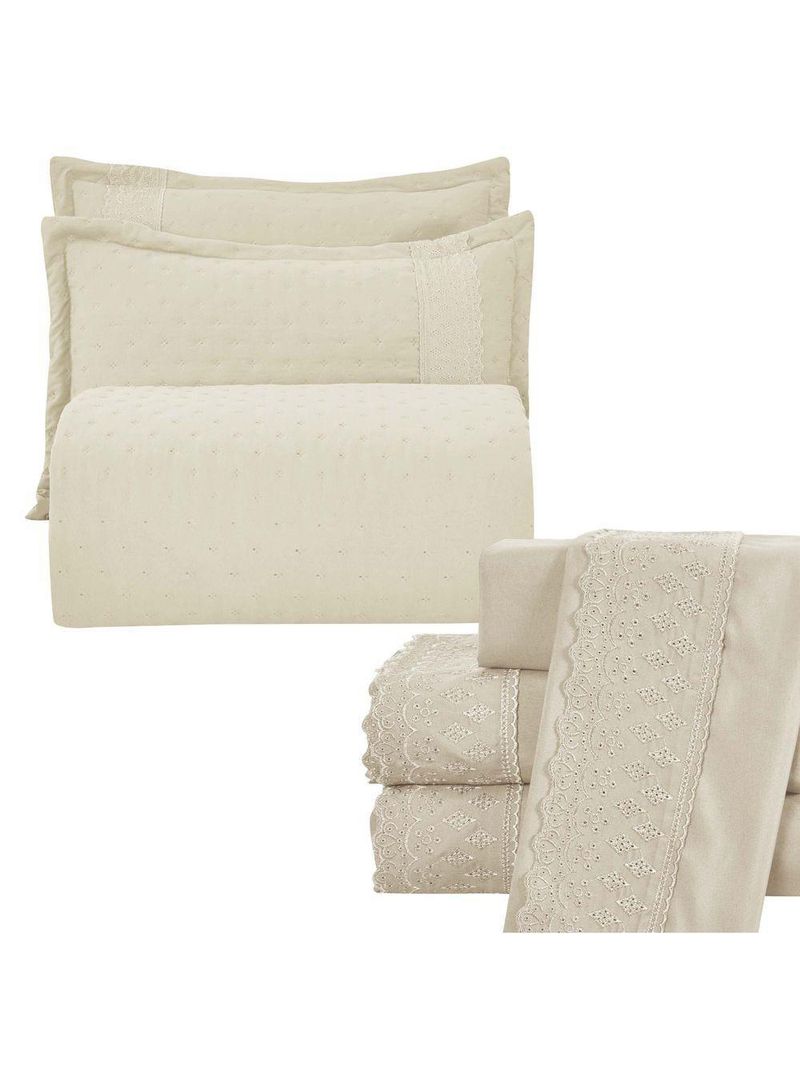 Kit Coordenado Grécia Cobre Leito + Jogo De Cama King Bordado Inglês 300 Fios - 7 Peças - Bege