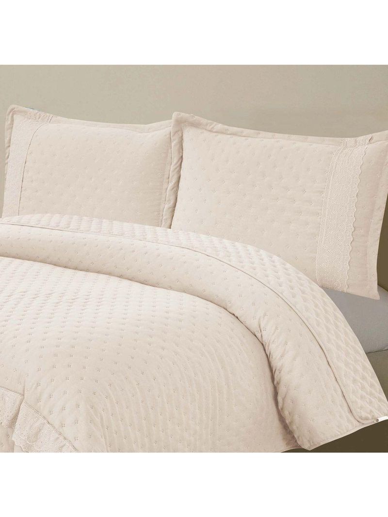 Kit Coordenado Grécia Cobre Leito + Jogo De Cama King Bordado Inglês 300 Fios - 7 Peças - Bege
