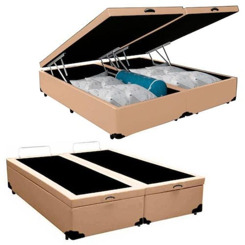 Cama Box Baú King Bipartido Sintético Bege 42x193x203