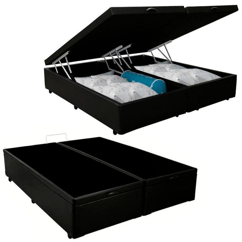 Cama Box Baú Casal Bipartida Preto Sintético 138x188