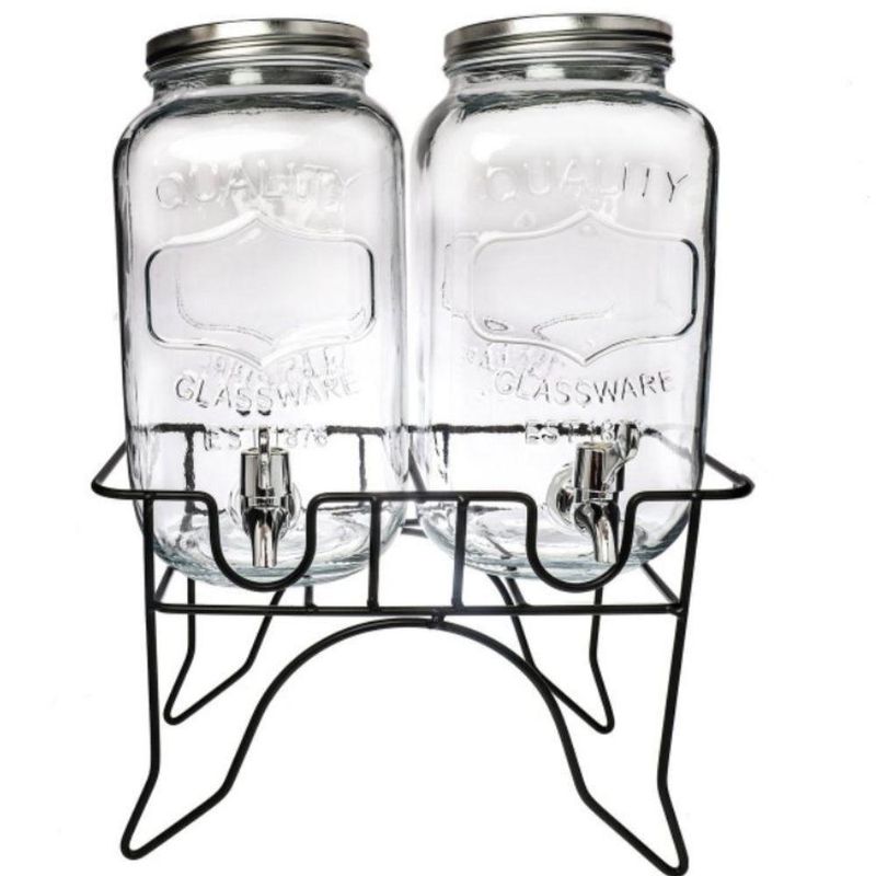 Suqueira Dupla Vidro 10 Litros Com Suporte Kit Conjunto Dispenser Refresqueira