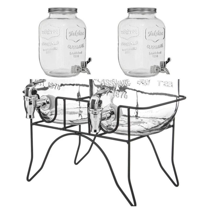 Suqueira Dupla Vidro 10 Litros Com Suporte Kit Conjunto Dispenser Refresqueira