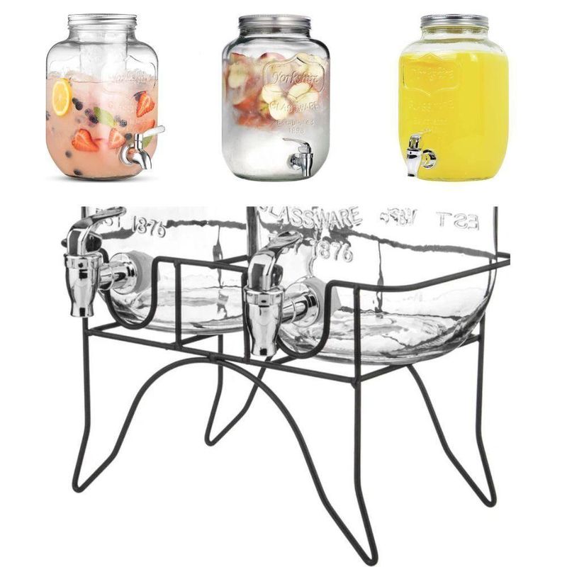 Suqueira Dupla Vidro 10 Litros Com Suporte Kit Conjunto Dispenser Refresqueira