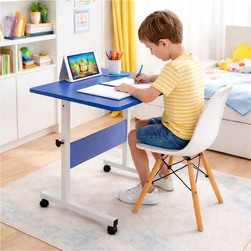 Mesa Com Rodinhas Azul Altura Ajustavel Multiuso