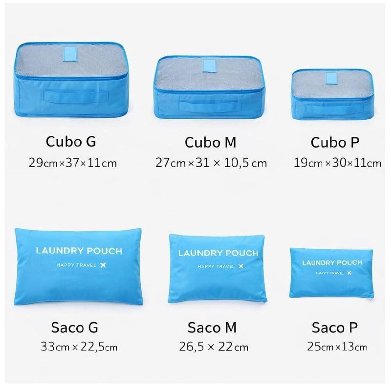 Conjunto Organizador De Mala 6 Peças Azul Zíper Ideal Viagem