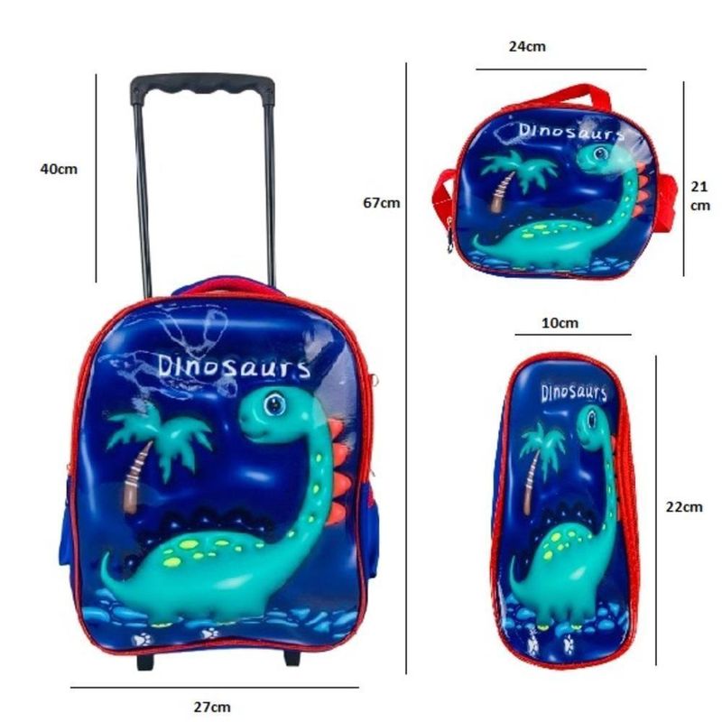 Conjunto Mochila Rodinha Lancheira Estojo Dinossauro Escolar