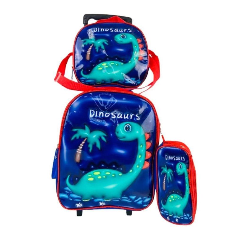 Conjunto Mochila Rodinha Lancheira Estojo Dinossauro Escolar