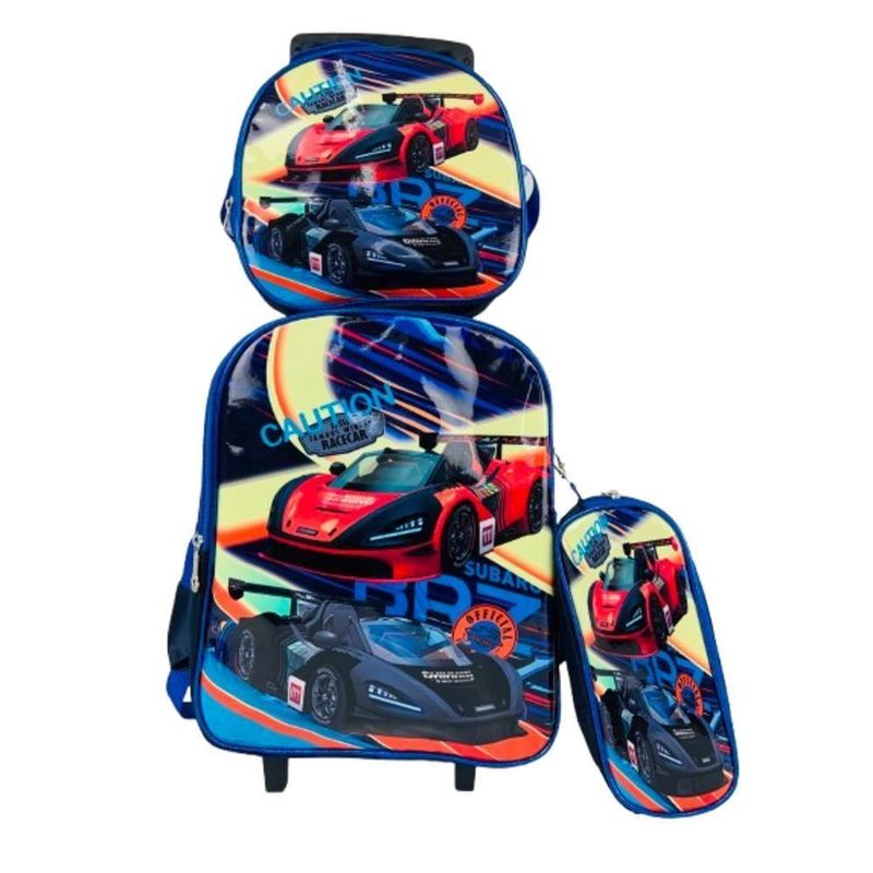 Kit Mochila Rodinha Lancheira Estojo Escolar Menino Carrinho