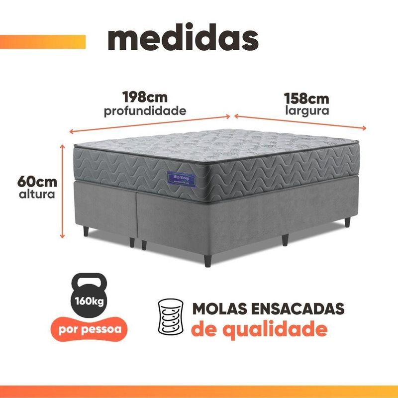 Cama Box Colchão Queen Molas Ensacadas Atlanta 158x198x60cm Cinza
