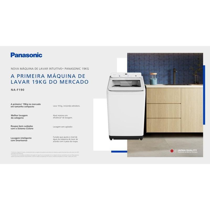 Máquina De Lavar Panasonic 19kg Com 10 Programas De Lavagem E Smartsense Branca NA-F190G1WA 110V