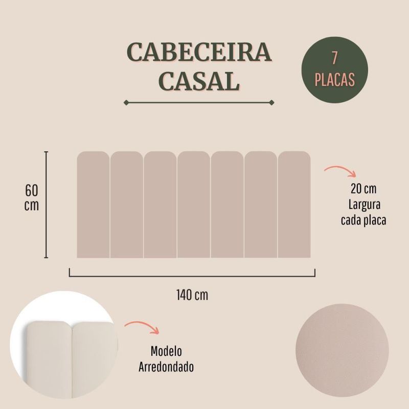 Cabeceira Casal Kit 7 Placas Modelo Arredondada para Cama com Fixação na Parede em MDF com Corino