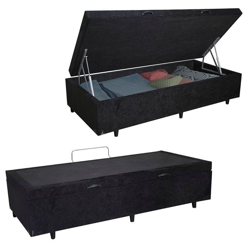 Cama  Box  Baú Solteiro Suede Cama Preto 88x188x45cm