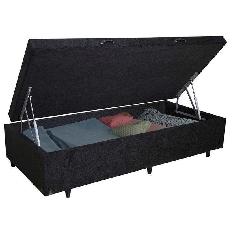Cama  Box  Baú Solteiro Suede Cama Preto 88x188x45cm