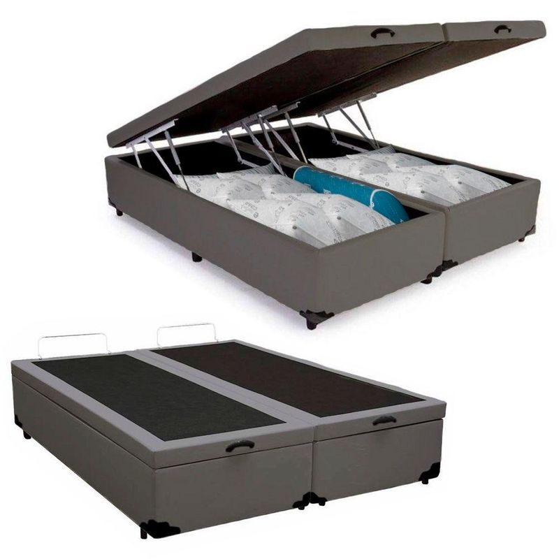 Cama Box Baú Casal Bipartido Sintético Cama Cinza 138x188x45cm