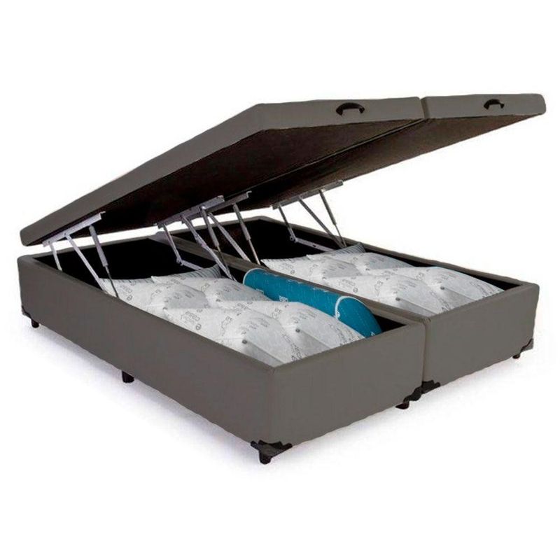 Cama Box Baú Casal Bipartido Sintético Cama Cinza 138x188x45cm