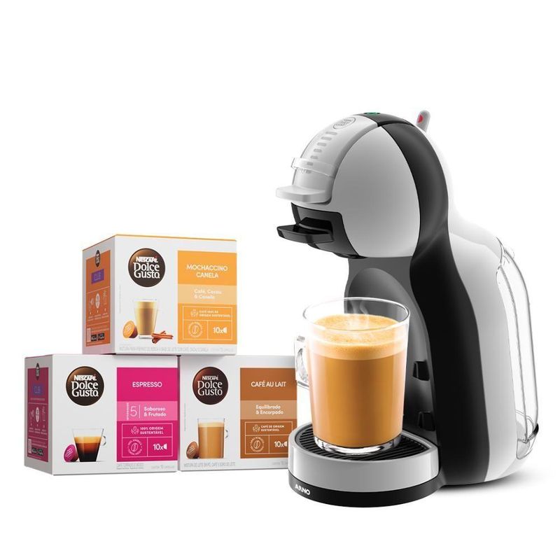 Kit Cafeteira de Cápsulas Nestlé Mini Me Cinza e Preta com 30 Unidades para Bebidas Quentes e Frias 110V