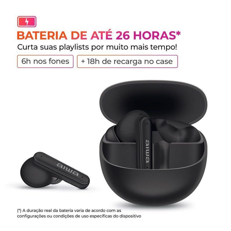 Fone de Ouvido Earbud Aiwa AWS-EB-04-B Bluetooth IPX4 ANC - 26 Horas de Bateria