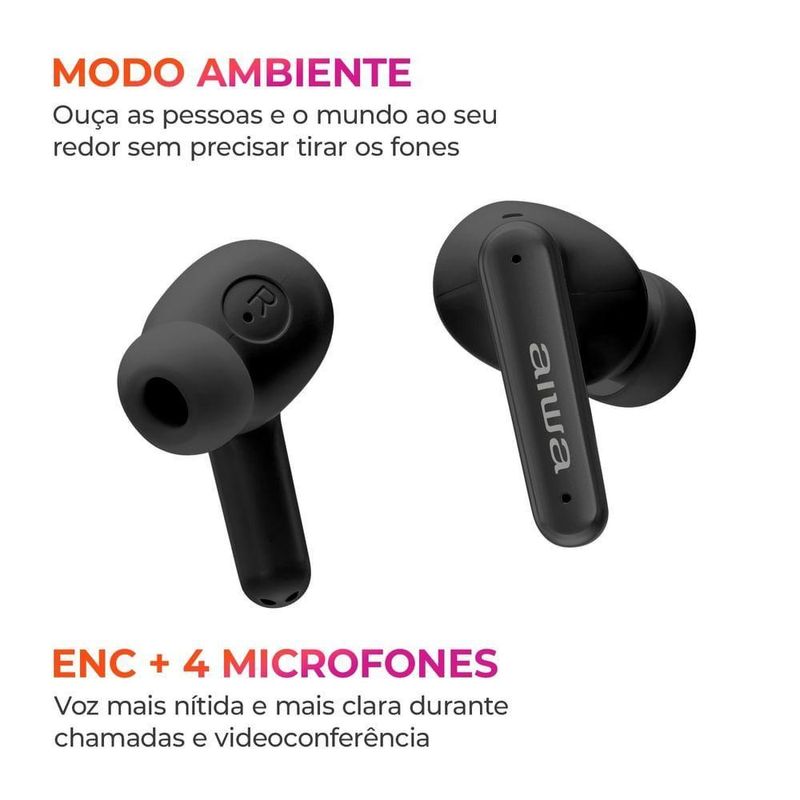 Fone de Ouvido Earbud Aiwa AWS-EB-04-B Bluetooth IPX4 ANC - 26 Horas de Bateria