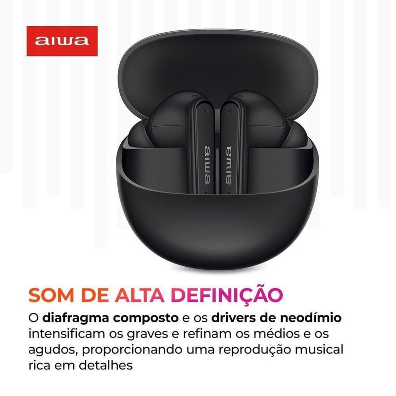 Fone de Ouvido Earbud Aiwa AWS-EB-04-B Bluetooth IPX4 ANC - 26 Horas de Bateria
