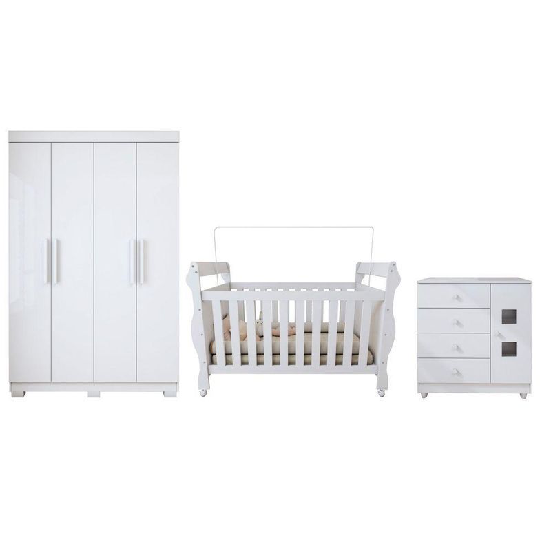 Quarto De Bebê Completo Com Guarda-roupa, Berço E Cômoda Lipe Em Mdf Branco