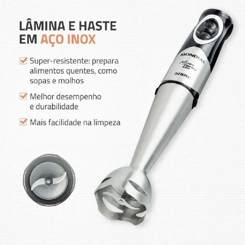 Mixer de Mão Mondial M-16-BI 500W 1 Velocidade Inox e Preto 110V