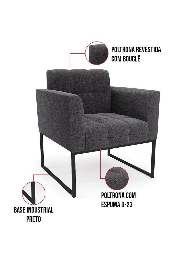 Sofá Namoradeira E 2 Poltronas Industrial Pto Elisa Bouclê Grafite D03 - D?rossi