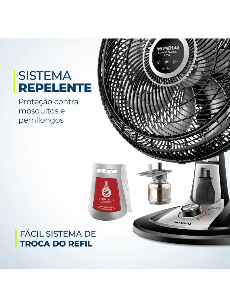 Ventilador De Mesa 40cm Mondial Vtx-40-8p-rl Turbo 8 Pas Repelente Liquido Preto Com Prata 220 V