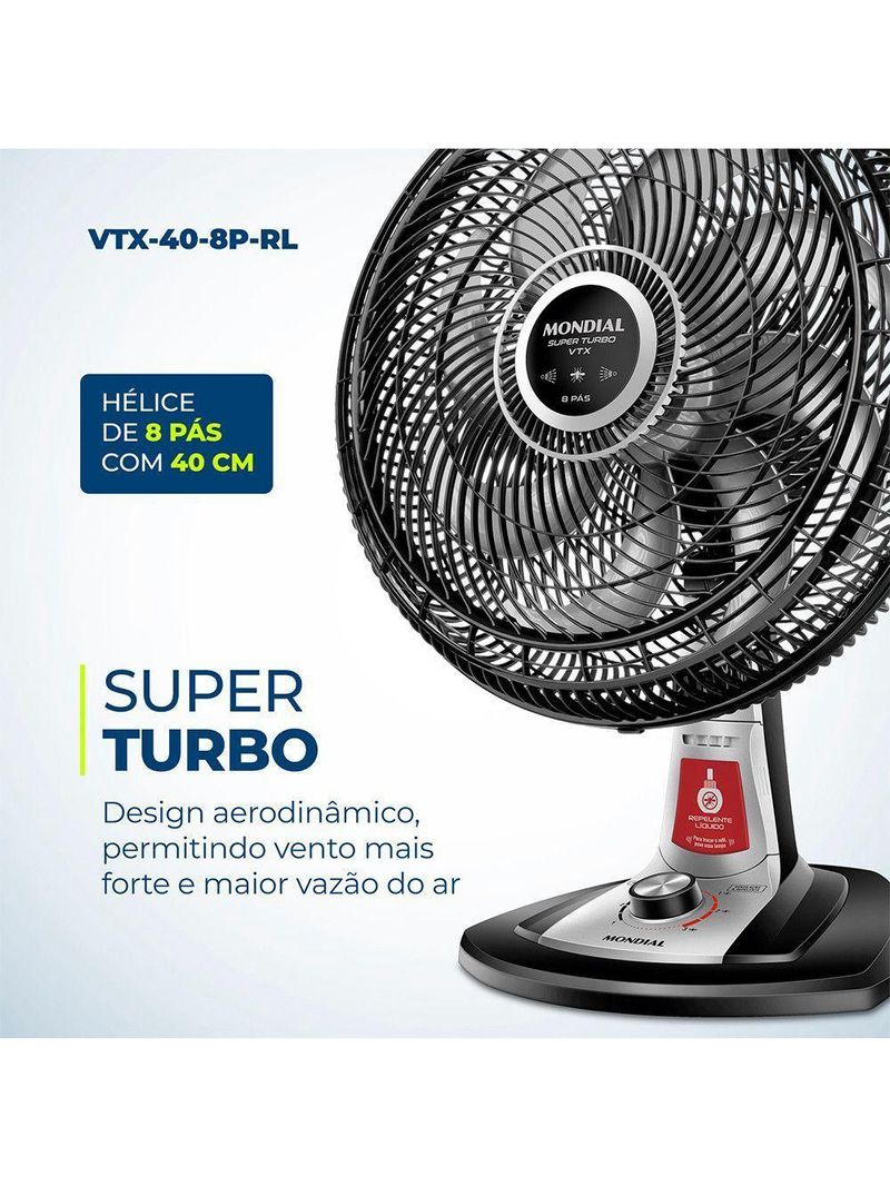 Ventilador De Mesa 40cm Mondial Vtx-40-8p-rl Turbo 8 Pas Repelente Liquido Preto Com Prata 220 V