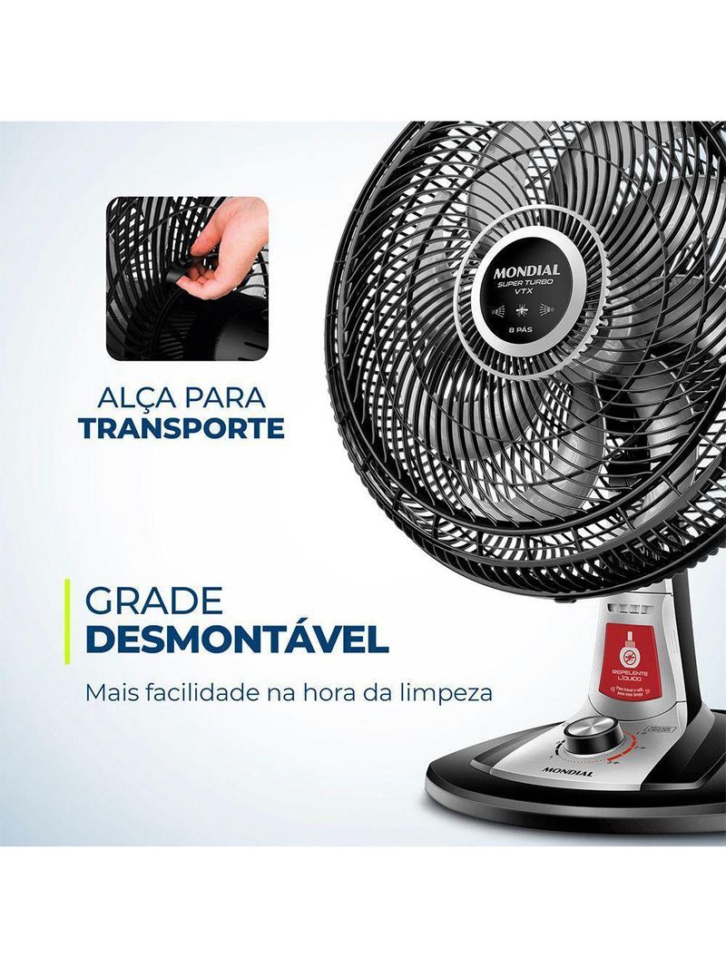 Ventilador De Mesa 40cm Mondial Vtx-40-8p-rl Turbo 8 Pas Repelente Liquido Preto Com Prata 220 V