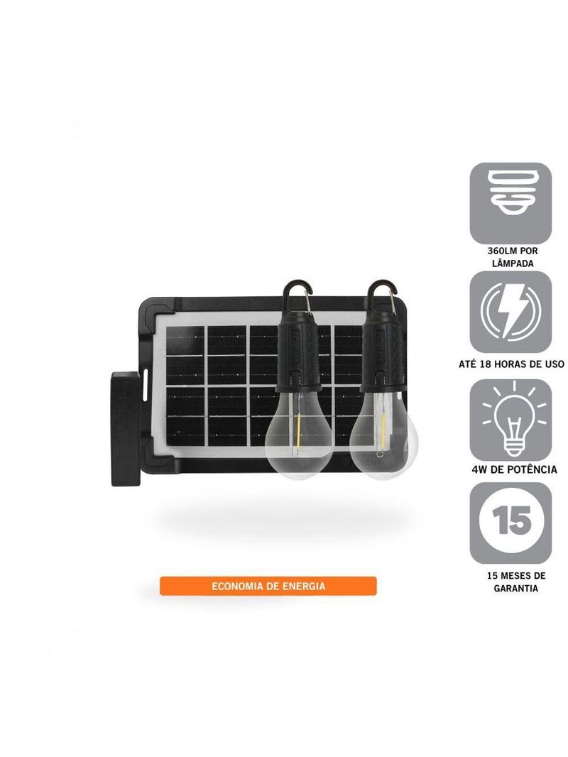 Kit Led Solar Foxlux Portátil Com 2 Lâmpadas E Painel Solar