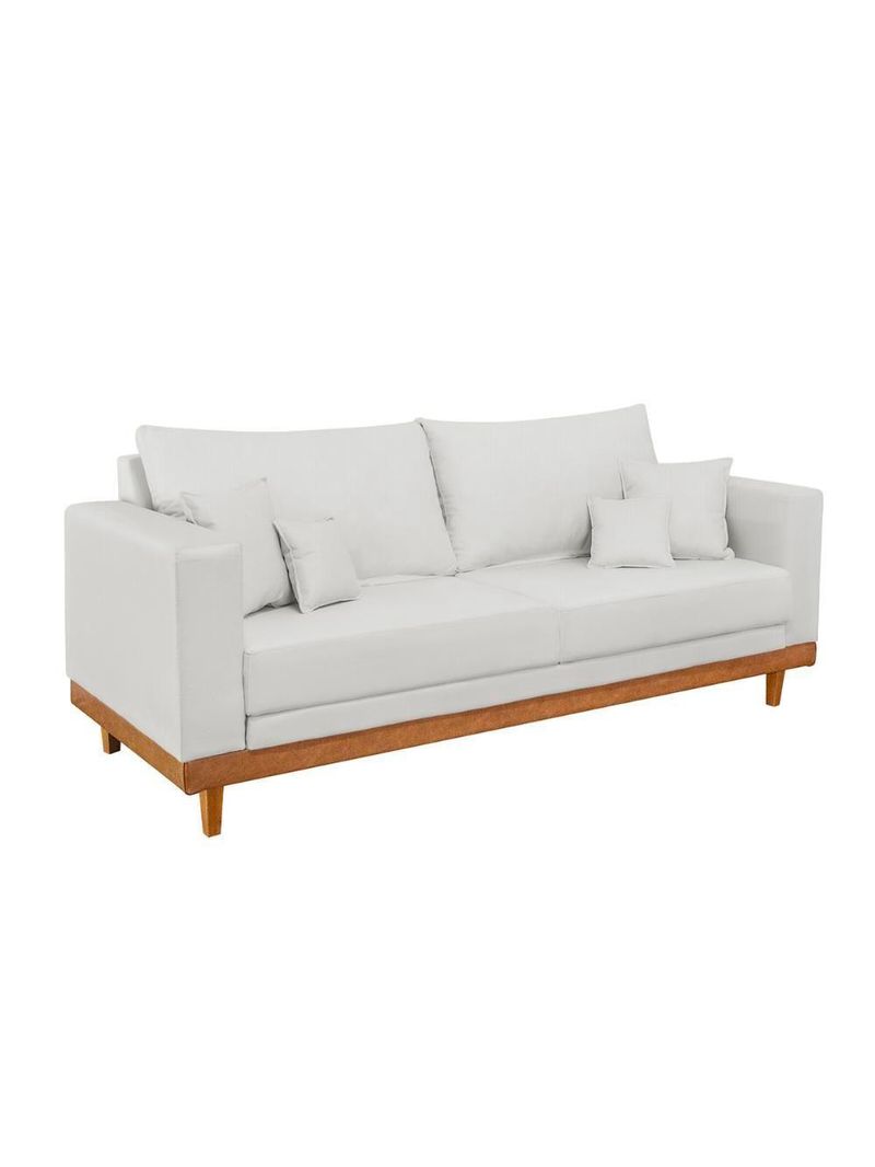 Kit 2 Poltronas Living + Sofá 3 Lugares Base Madeira Linho Bege