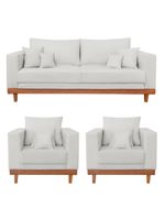 Kit 2 Poltronas Living + Sofá 3 Lugares Base Madeira Linho Bege