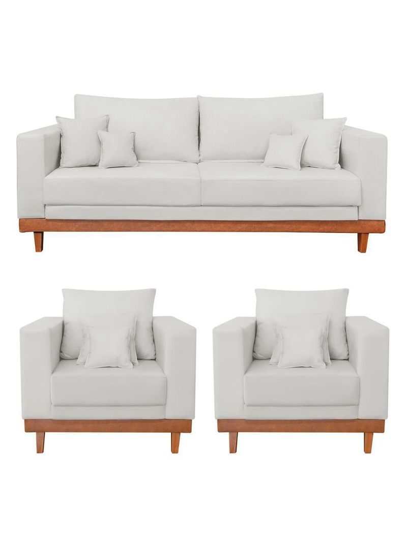 Kit 2 Poltronas Living + Sofá 3 Lugares Base Madeira Linho Bege