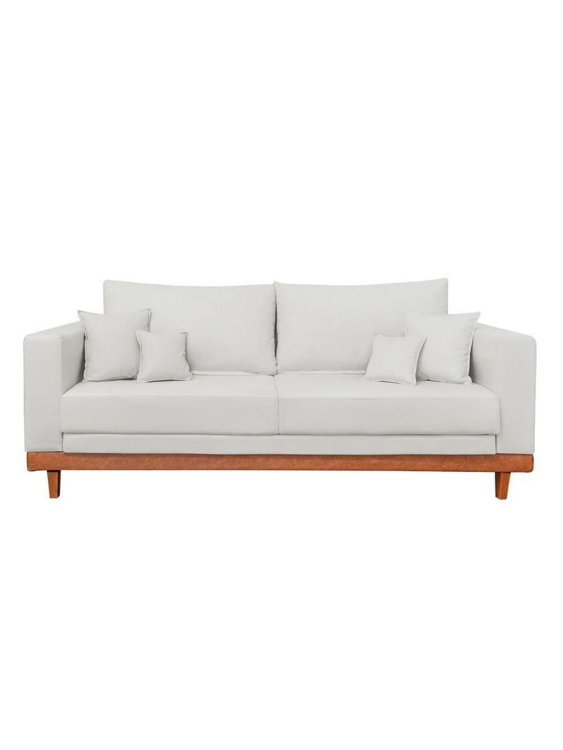 Kit 2 Poltronas Living + Sofá 3 Lugares Base Madeira Linho Bege