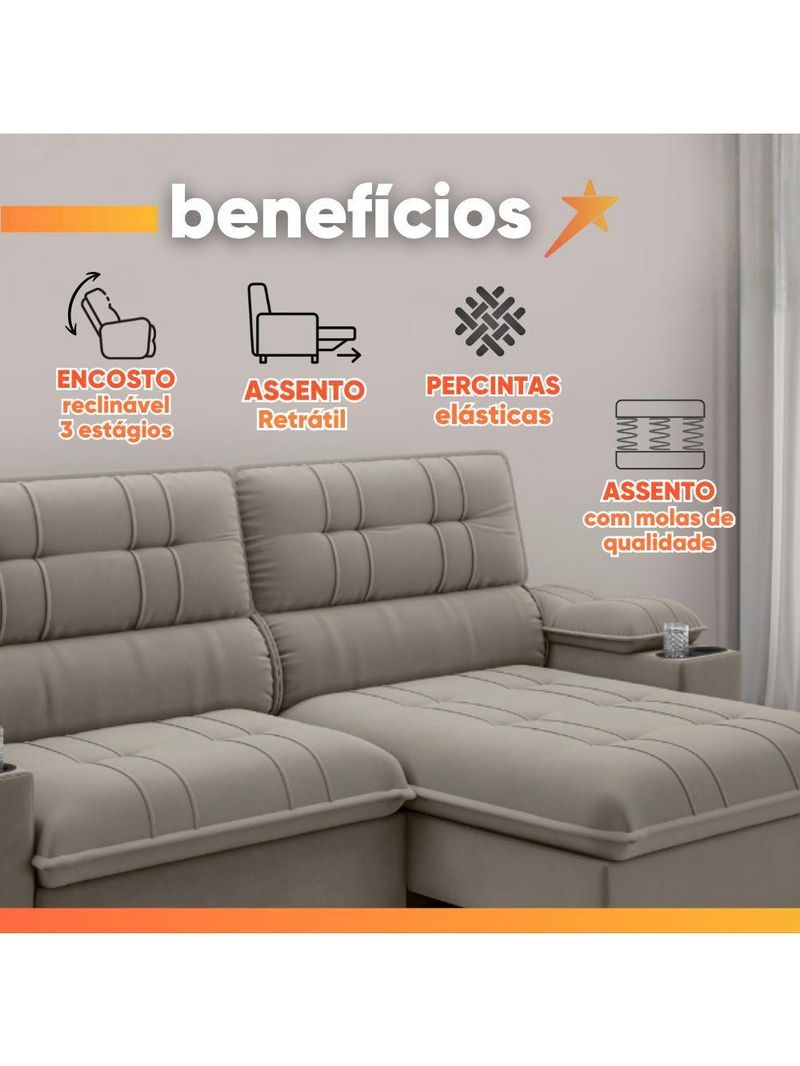 Sofá Retrátil E Reclinável 3 Lugares 2,10m Com Porta Copos Slim Stanley Castor