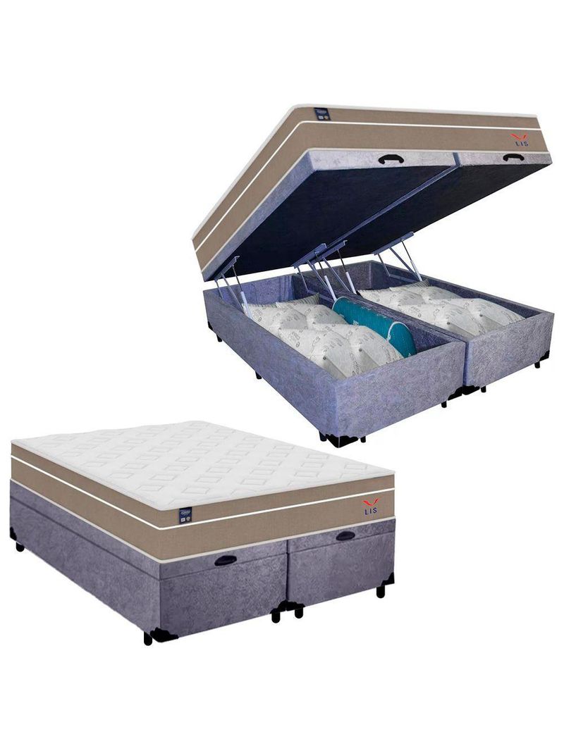 Cama Box Baú Casal Bipartido Suede Colchão Lis Molas Ensacadas Plumatex 138cm Cinza