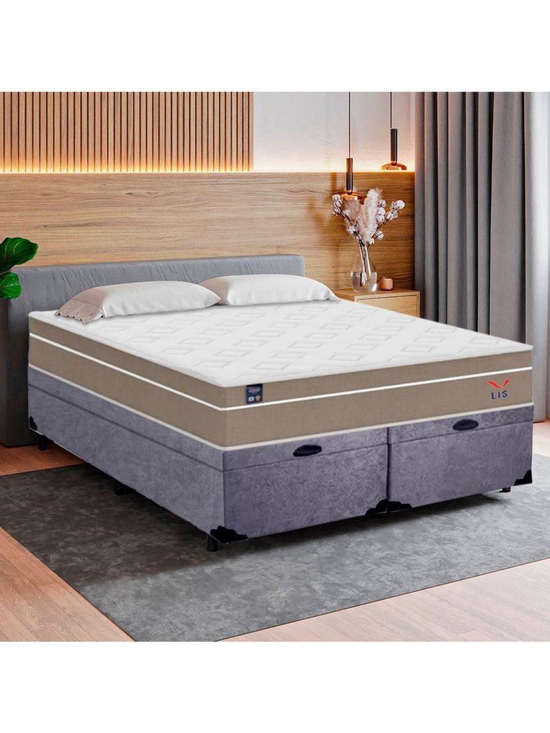 Cama Box Baú Casal Bipartido Suede Colchão Lis Molas Ensacadas Plumatex 138cm Cinza