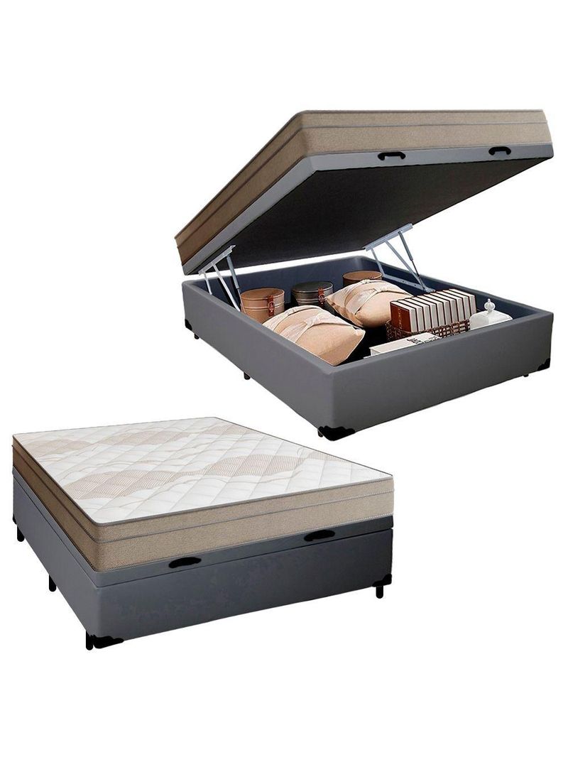 Cama Box Baú Casal Sintético + Colchão De Molas Ensacadas Portobel Ipanema - 138x188x66cm Cinza