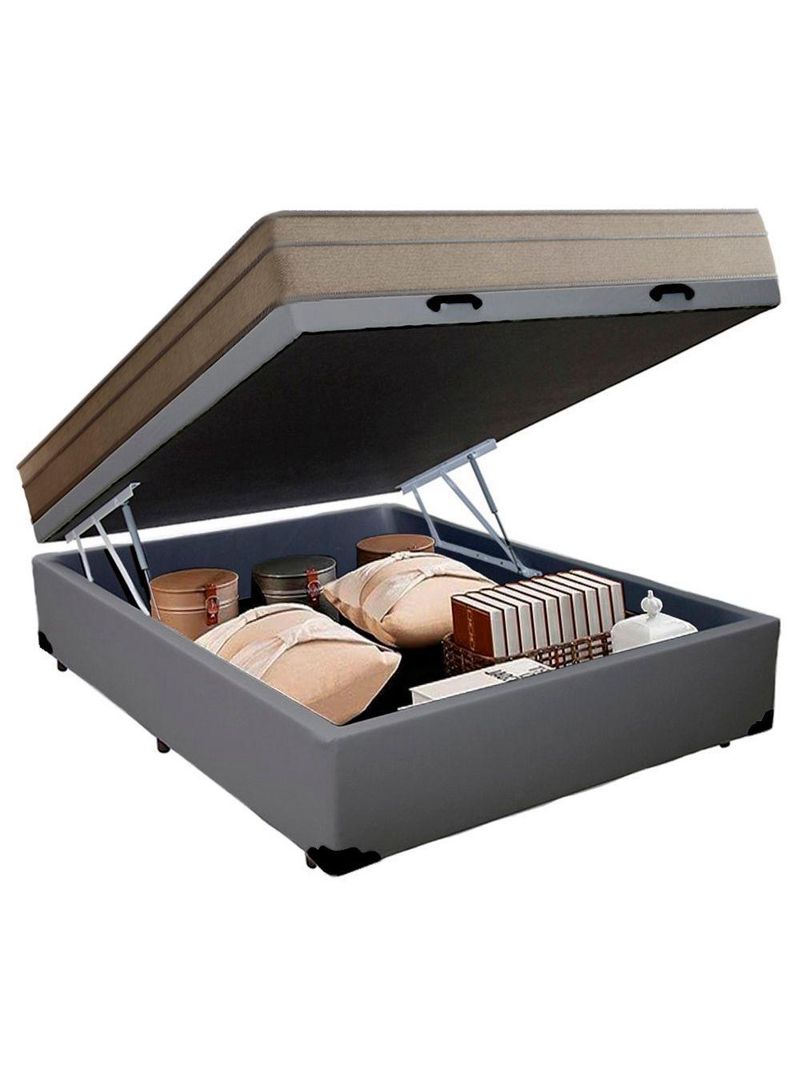 Cama Box Baú Casal Sintético + Colchão De Molas Ensacadas Portobel Ipanema - 138x188x66cm Cinza