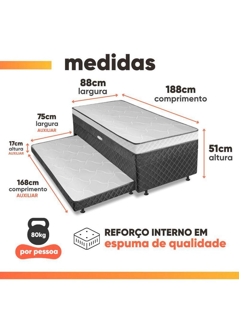 Cama Bibox Com Baú Solteiro Ortopédica Com Cama Auxiliar Conjugada 88x188x51cm Gabi Cinza/branco