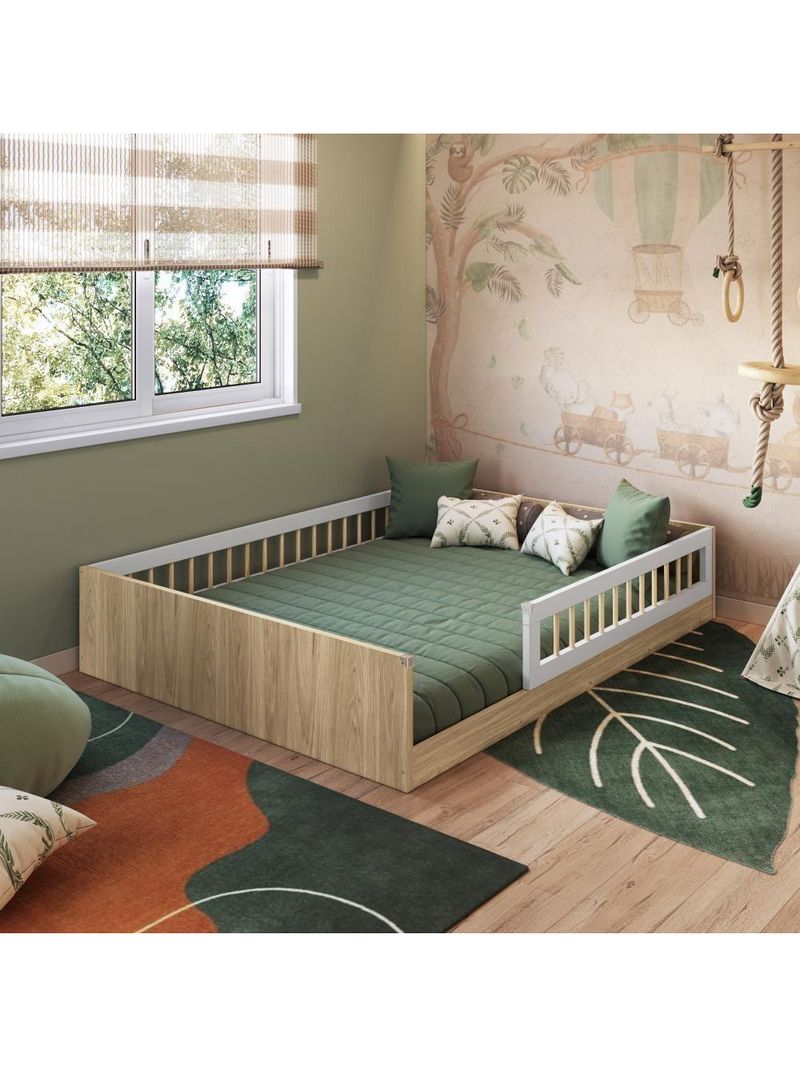 Cama Casal De Chão Infantil Montessoriana Menino Menina 194cm Com Grade De Proteção Aveiro Oak