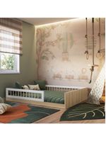 Cama Casal De Chão Infantil Montessoriana Menino Menina 194cm Com Grade De Proteção Aveiro Oak