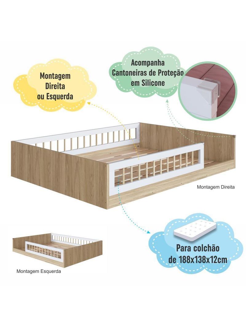 Cama Casal De Chão Infantil Montessoriana Menino Menina 194cm Com Grade De Proteção Aveiro Oak