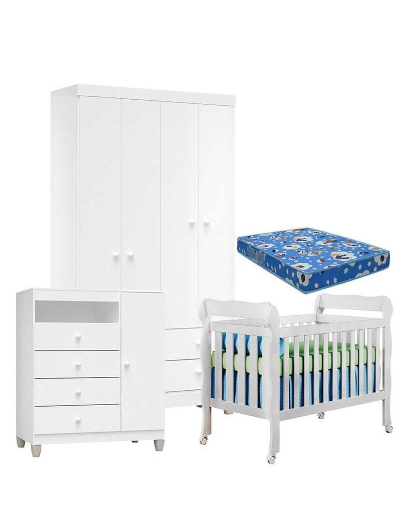 Quarto De Bebê 4 Portas Ternura Baby Com Berço Lila Branco Brilho Com Colchão - Incorplac