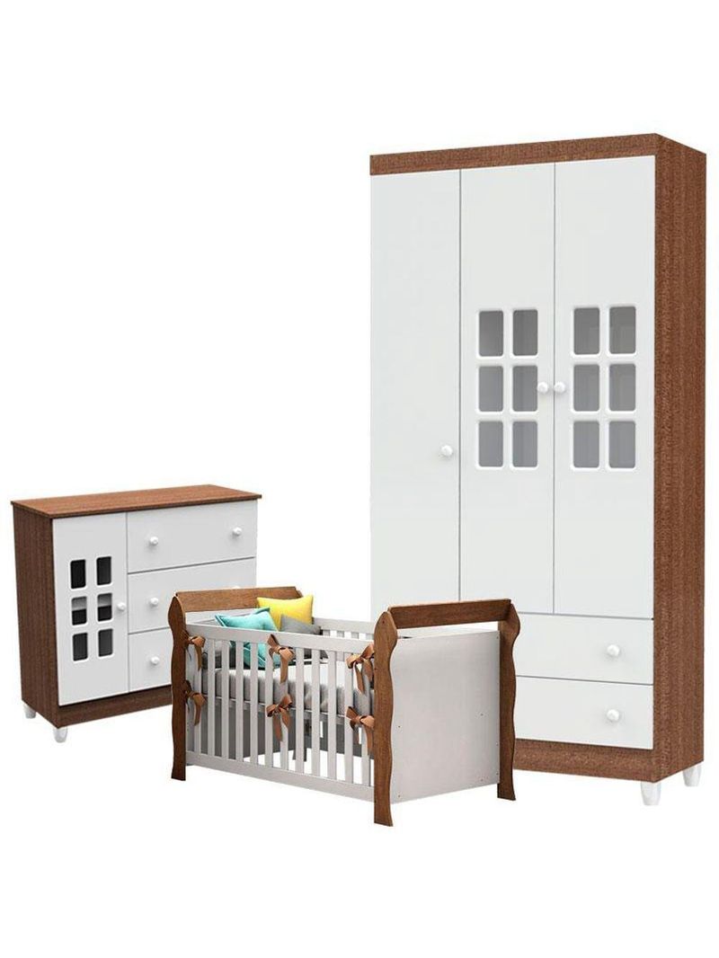 Quarto De Bebê Mariah 3 Portas Com Berço Lara Branco Acetinado Amadeirado - Carolina