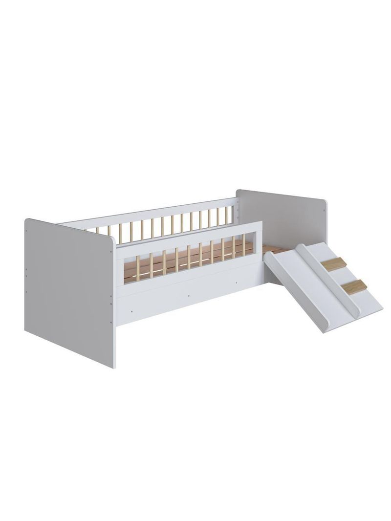 Cama Infantil Montessoriana De Solteiro Menino Menina Com Escada Escorregador E Grade De Proteção Branco