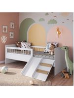Cama Infantil Montessoriana De Solteiro Menino Menina Com Escada Escorregador E Grade De Proteção Branco