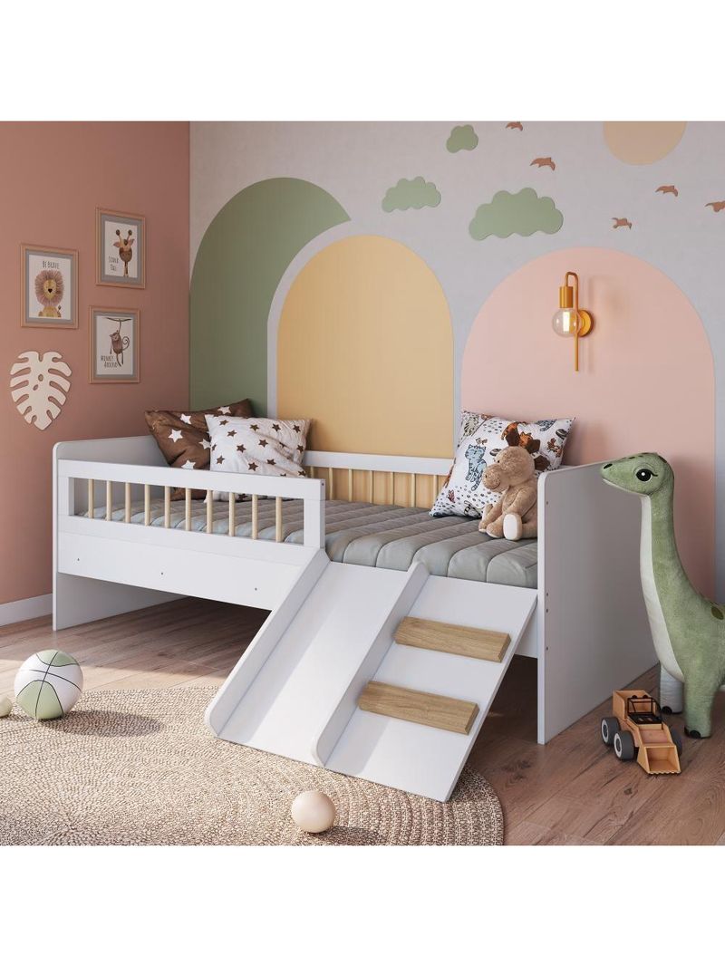 Cama Infantil Montessoriana De Solteiro Menino Menina Com Escada Escorregador E Grade De Proteção Branco